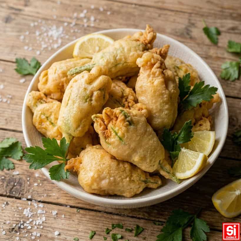 Fiori di zucca in pastella dorati e croccanti serviti in una ciotola di ceramica con spicchi di limone e prezzemolo fresco.